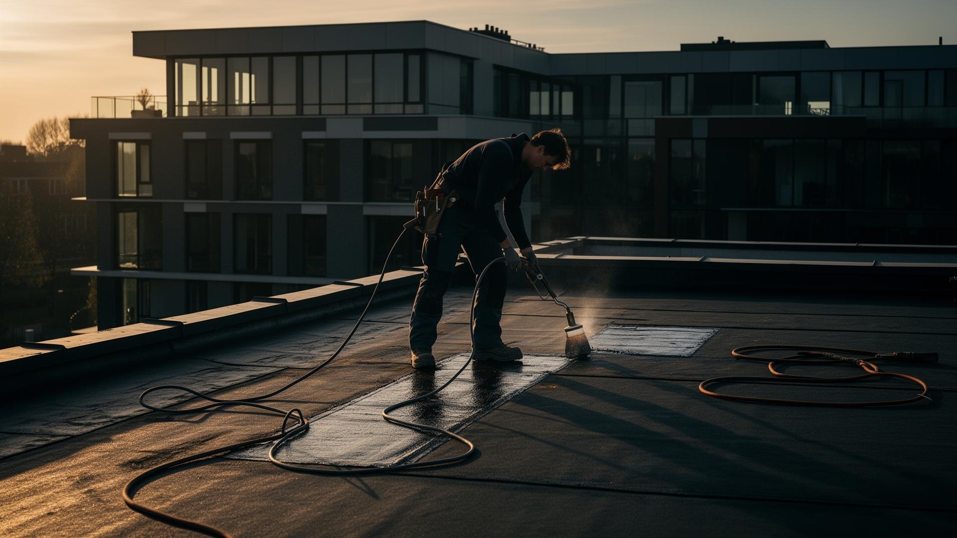 Specialist aan het werk op een plat dak met bitumen dakbedekking